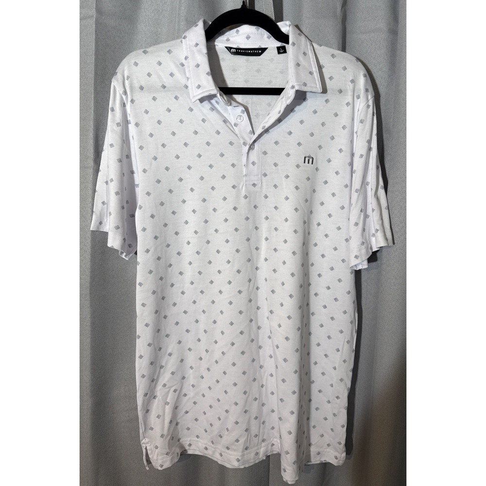 TravisMathew Golf Polo Shirt Mens Large White Geometric Print Short Sleeve